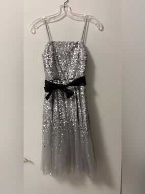 Basix II Silver Sequin Belted Cocktail Dress Size 2